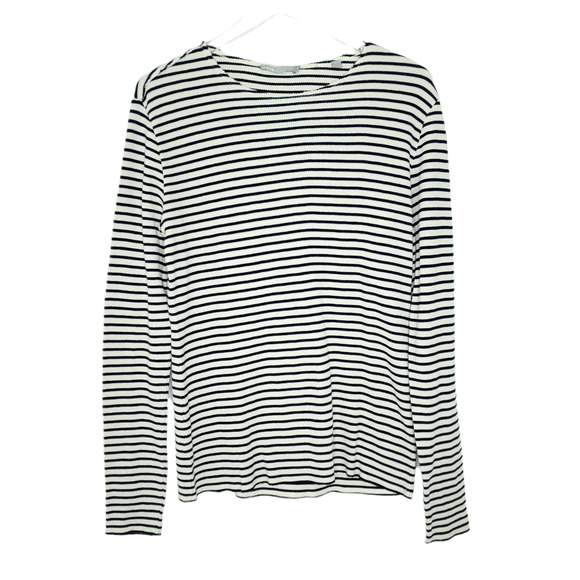 Vince Rib Knit Waffle Top S Striped Round Neck Long Sleeves Pullover Coastal - Picture 1 of 9